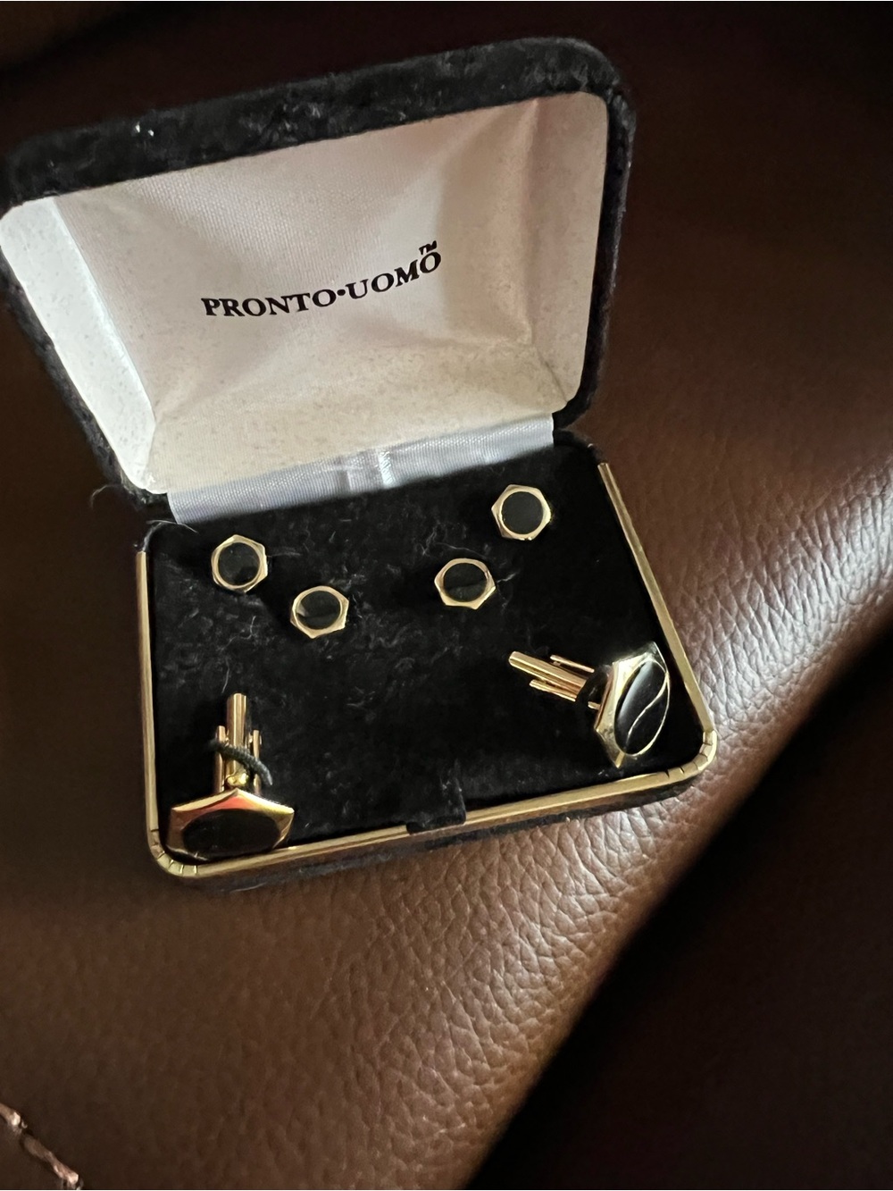 Pronto Uomo Black and Gold Tone Cufflinks with Matching Studs